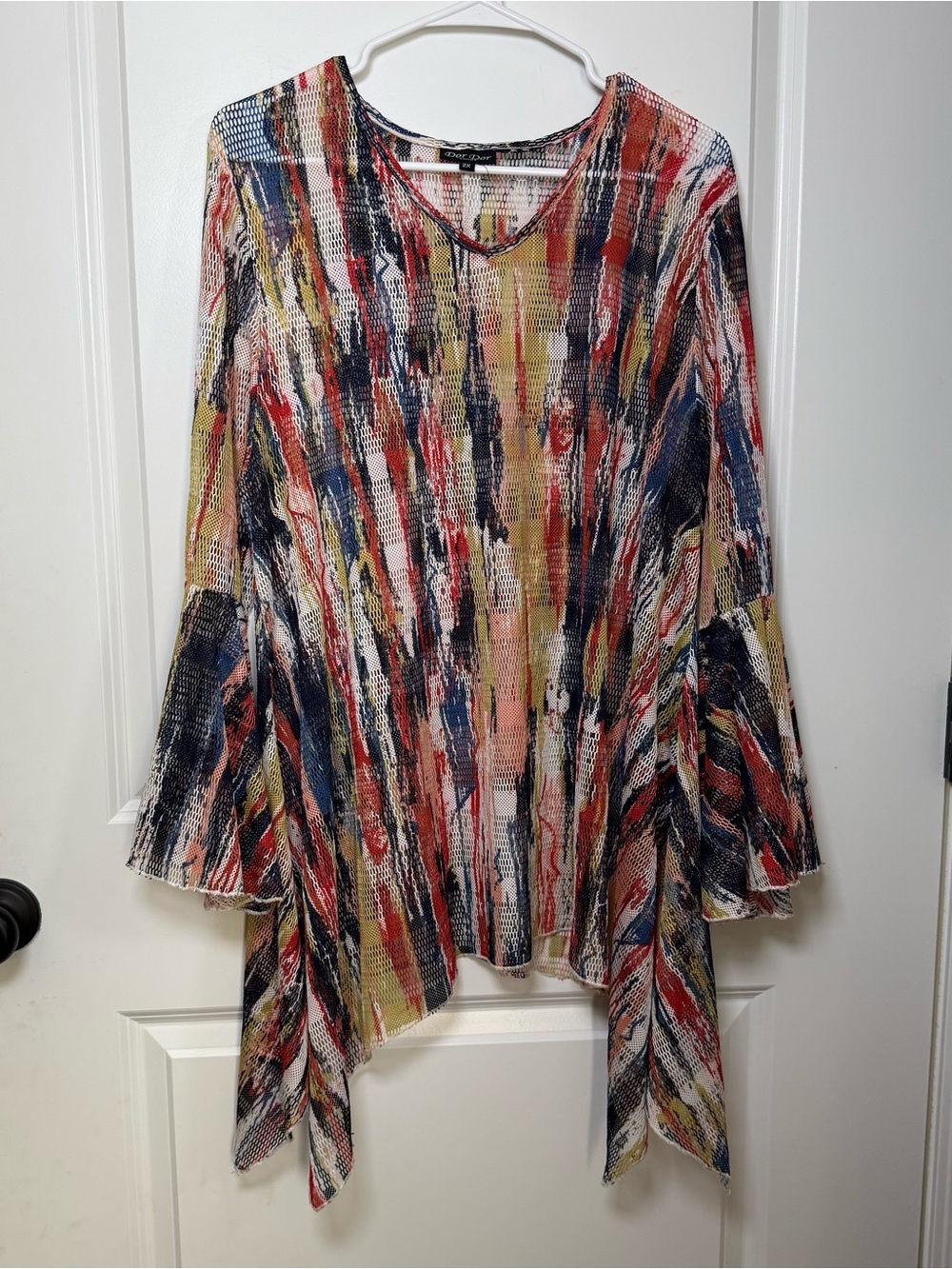 Dor Dor Couture Women’s 2X Multicolor Mesh Tunic Top Bell Sleeve Asymmetrical